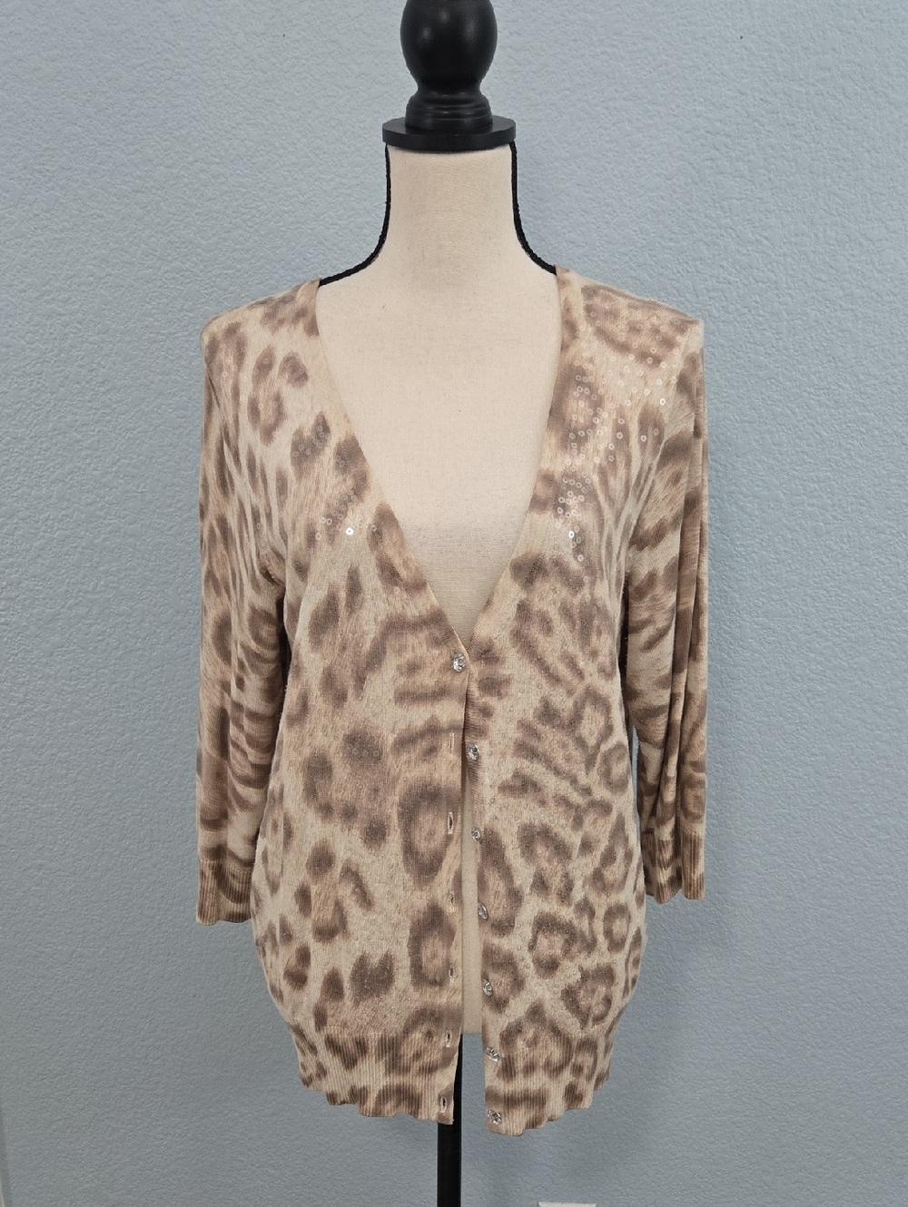 INC Cheetah Sequined Cardigan Deep V Sweater 3/4 Sleeves Sparkle Buttons Sz 1X